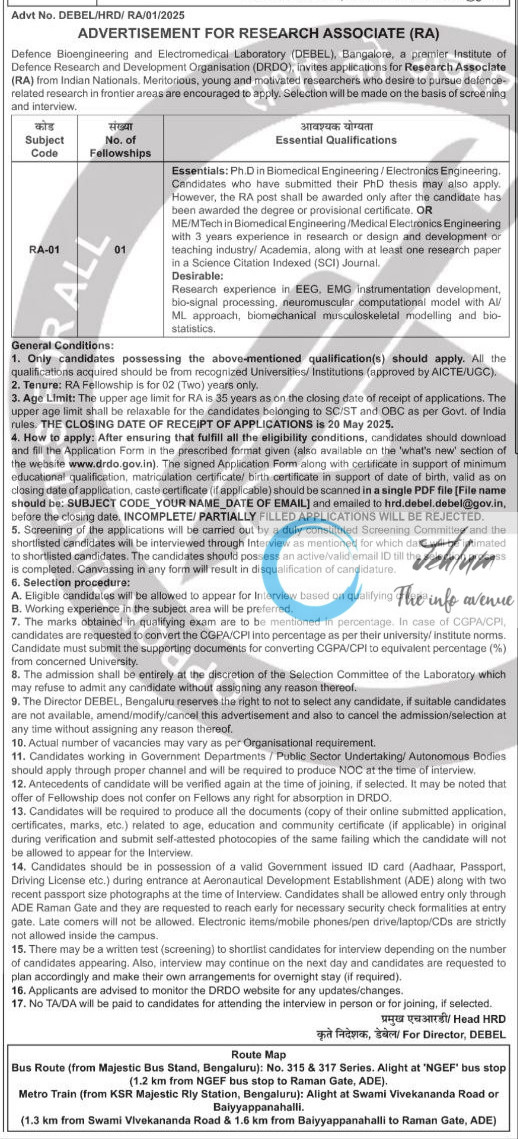 DEFENCE BIOENGINEERING AND ELECTROMEDICAL LABORATORY RECRUITMENT ADVT NOTIFICATION NO DEBEL/HRD/RA/01/2025
