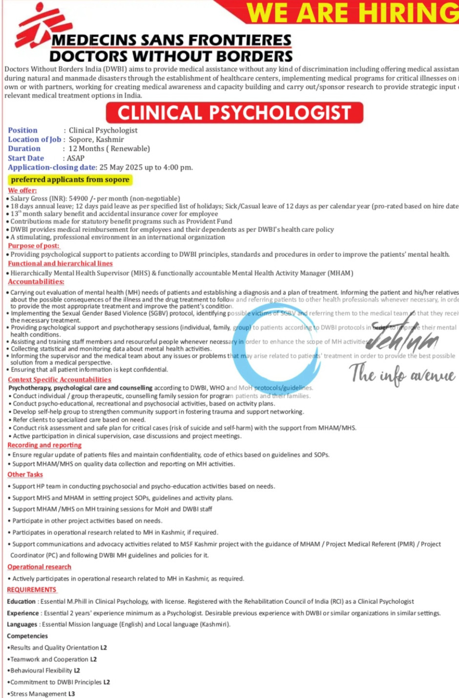 DOCTORS WITHOUT BORDERS INDIA DWBI SOPORE CLINICAL PSYCHOLOGIST VACANCY 2025