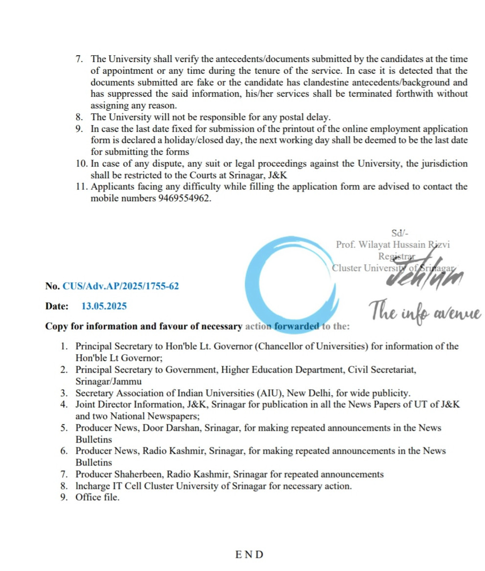 CLUSTER UNIVERSITY OF SRINAGAR AP RECRUITMENT ADVT NOTIFICATION NO 04-CUS/2025
