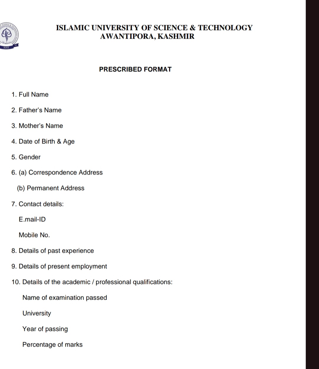 IUST PULWAMA RESEARCH ASSOCIATE ADVERTISEMENT NOTICE 2025