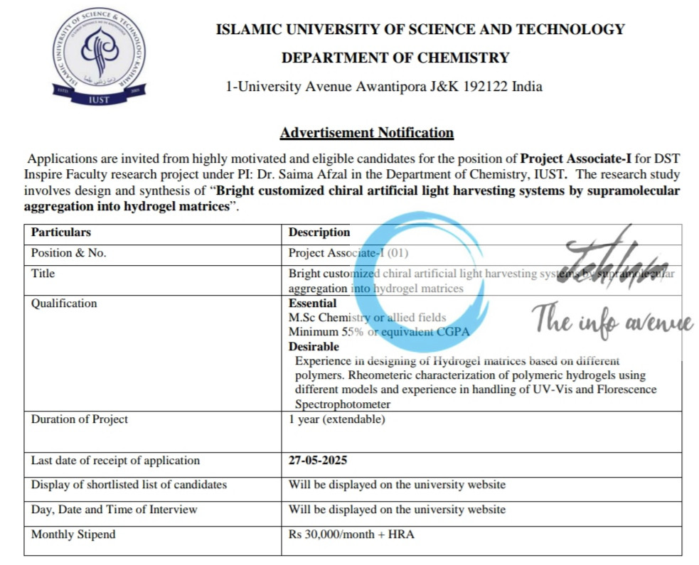 IUST PULWAMA DEPARTMENT OF CHEMISTRY RECRUITMENT ADVT NOTIFICATION 2025