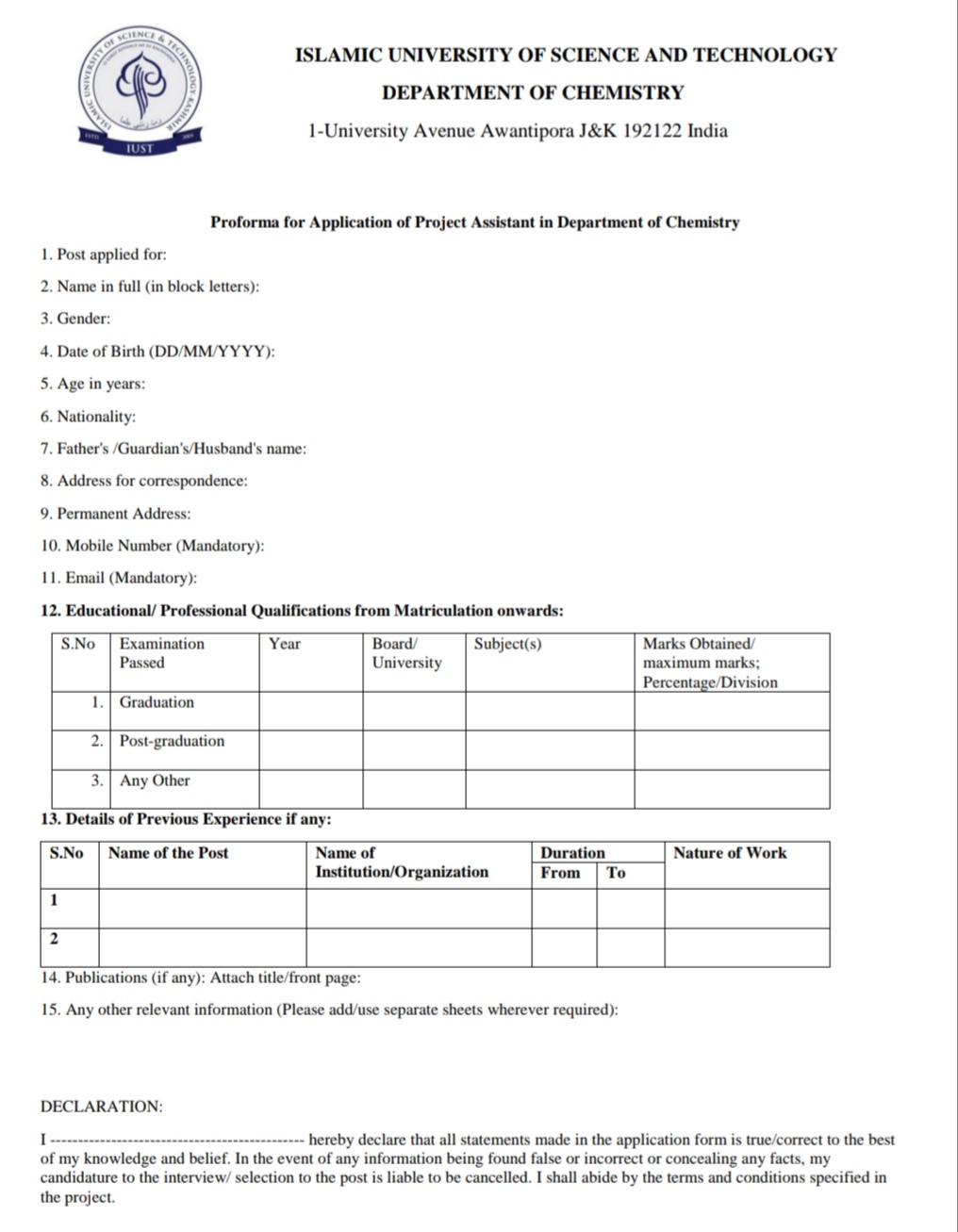 IUST PULWAMA DEPARTMENT OF CHEMISTRY RECRUITMENT ADVT NOTIFICATION 2025