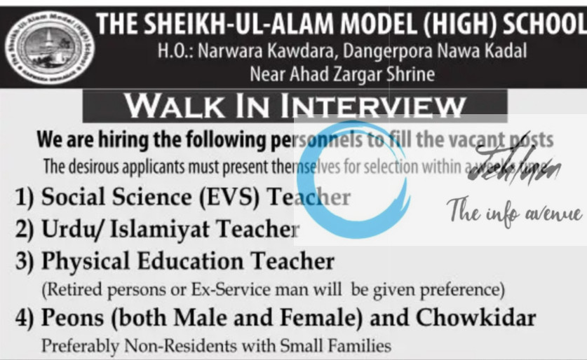 THE SHEIKH UL ALAM MODEL HIGH SCHOOL SRINAGAR JOBS VACANCY