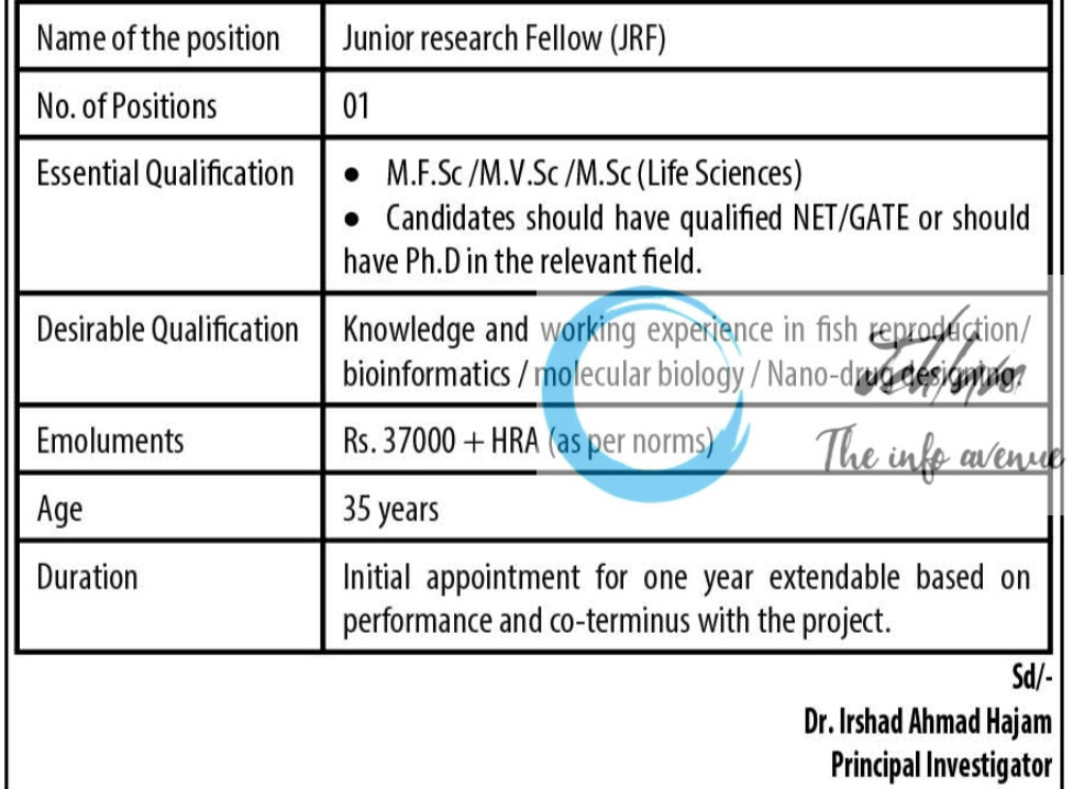 SKUAST KASHMIR DIVISION OF AQUACULTURE JRF RECRUITMENT ADVT NOTIFICATION 2025