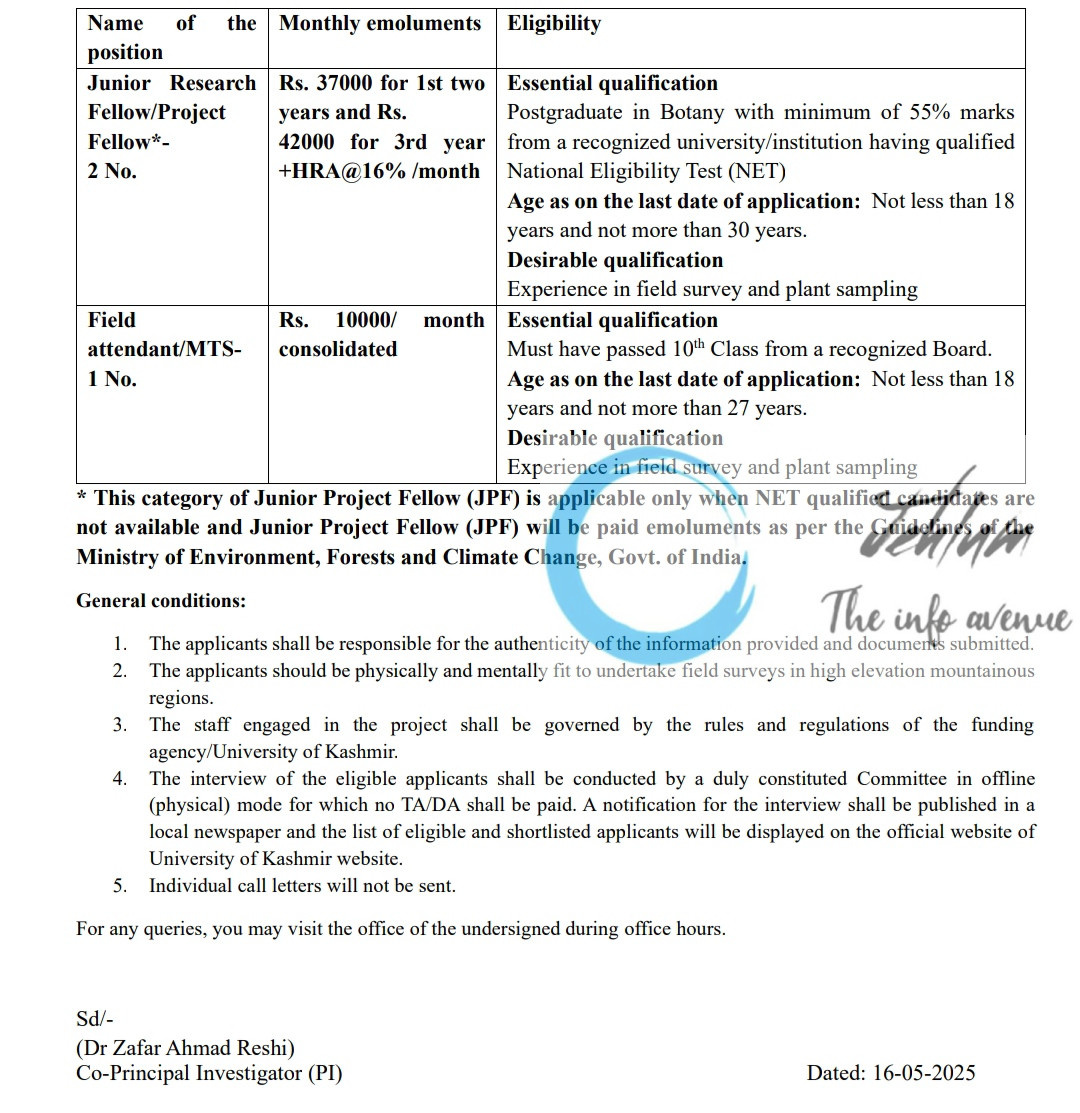 UOK SRINAGAR DEPARTMENT OF BOTONY RECRUITMENT ADVT NOTIFICATION 2025