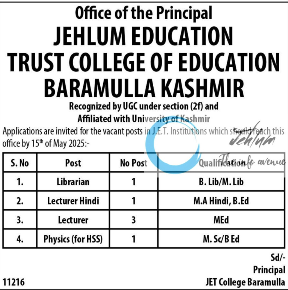 JEHLUM EDUCATION TRUST JET COLLEGE OF EDUCATION BARAMULLA RECRUITMENT ADVT NOTIFICATION 2025