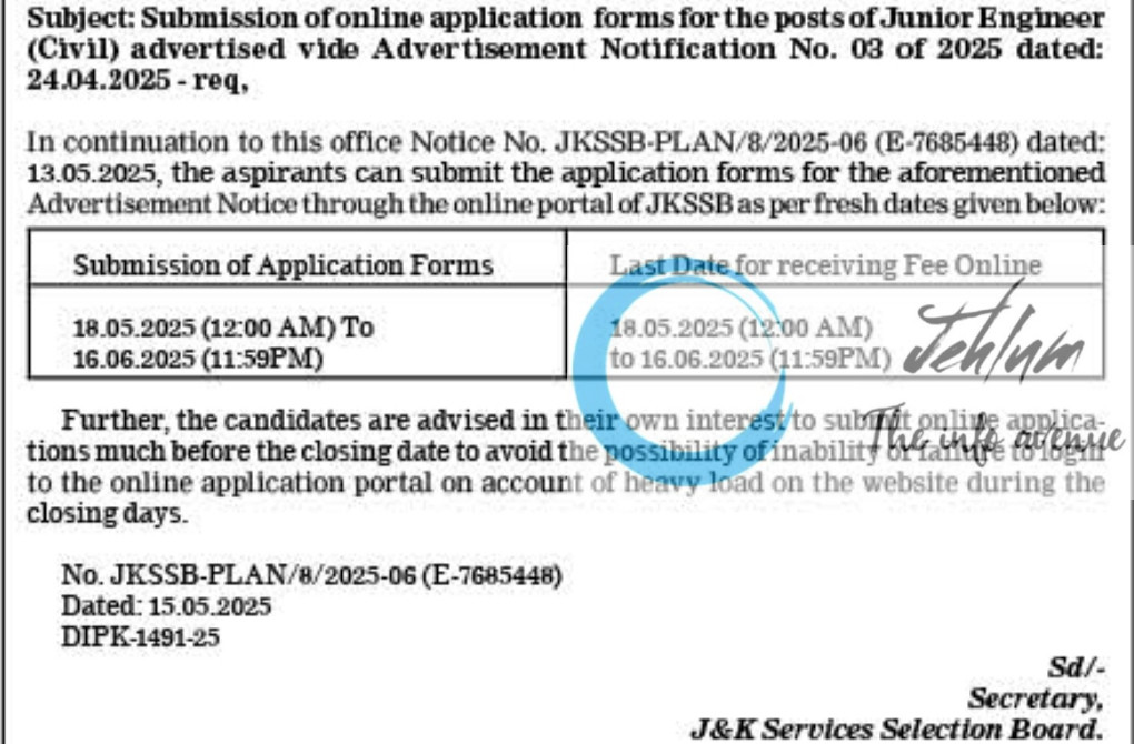 JAMMU AND KASHMIR SERVICES SELECTION BOARD JKSSB JE RECRUITMENT ADVT NOTIFICATION NO 03/2025