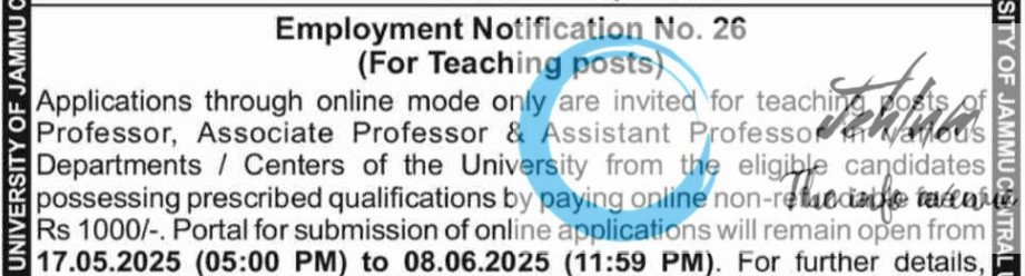 CENTRAL UNIVERSITY OF JAMMU CU RECRUITMENT EMPLOYMENT NOTIFICATION NO 26