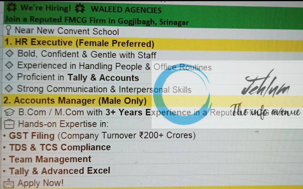 WALEED AGENCIES SRINAGAR JOBS VACANCY ADVT NOTIFICATION 2025