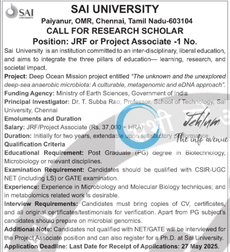 SAI UNIVERSITY CHENNAI JRF RECRUITMENT ADVT NOTIFICATION 2025