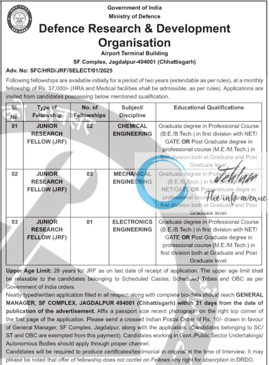 DEFENCE RESEARCH AND DEVELOPMENT ORGANISATION DRDO JRF RECRUITMENT ADVT NOTIFICATION NO SFC/HRD/JRF/SELECT/01/2025