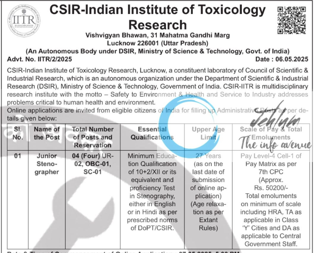 CSIR INDIAN INSTITUTE OF TOXICOLOGY RESEARCH RECRUITMENT ADVT NOTIFICATION NO IITR/2/2025