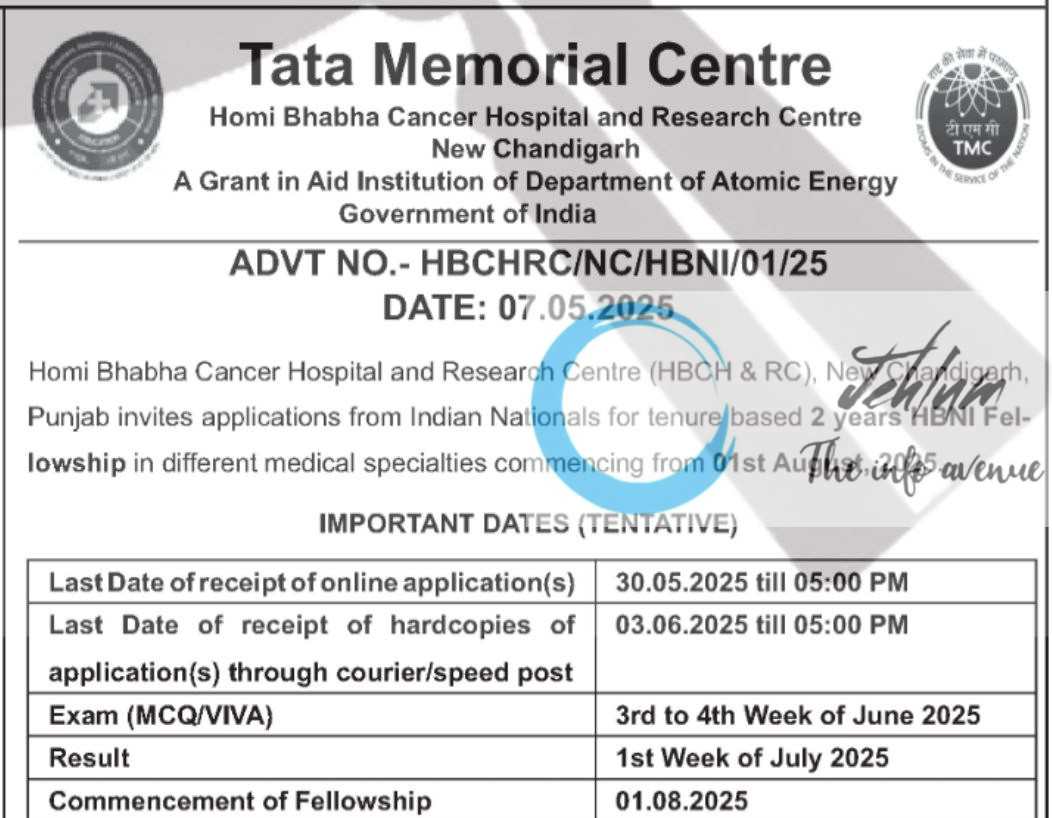 TATA MEMORIAL CENTRE TMC FELLOWSHIP ADVT NOTIFICATION NO HBC HRC/NC/HBNI/01/25
