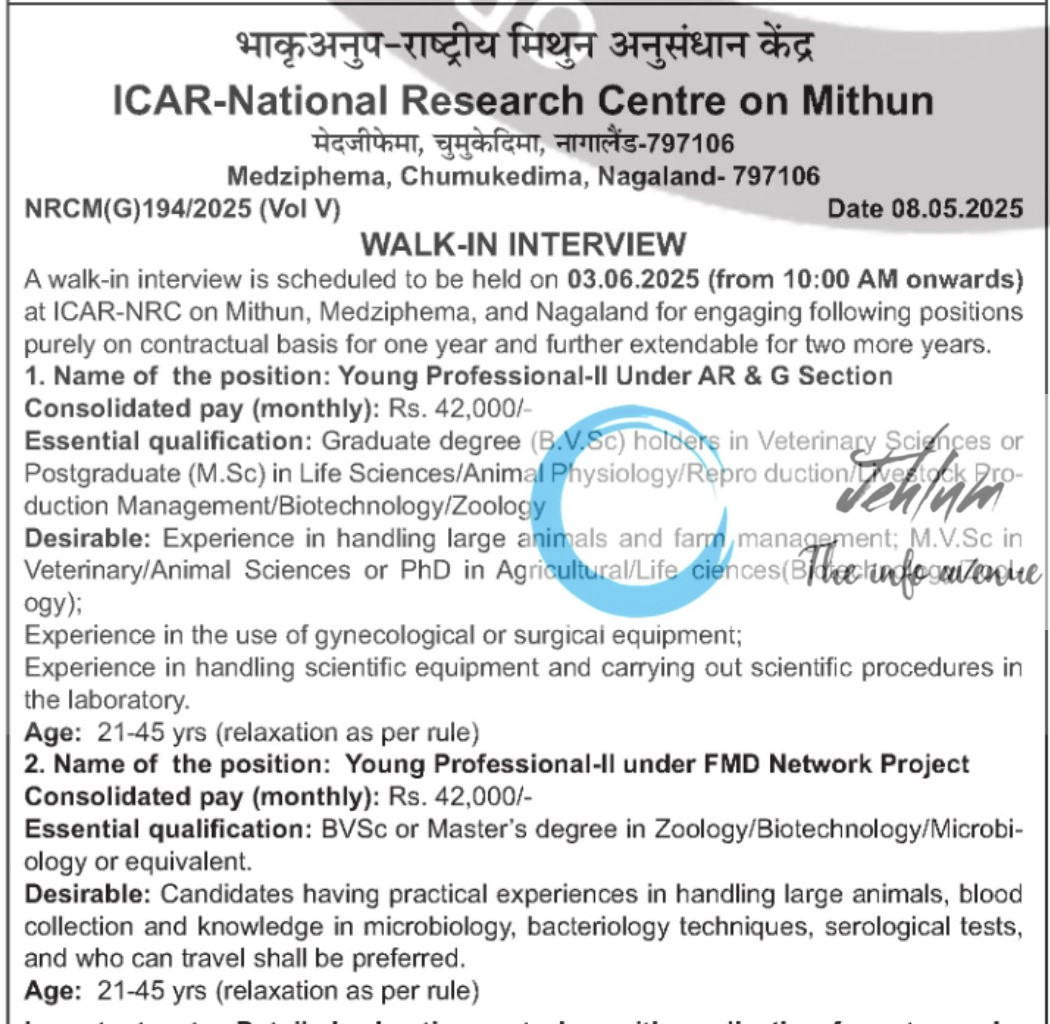 ICAR NATIONAL RESEARCH CENTRE ON MITHUN RECRUITMENT ADVT NOTIFICATION NO NRCM-G-194/2025