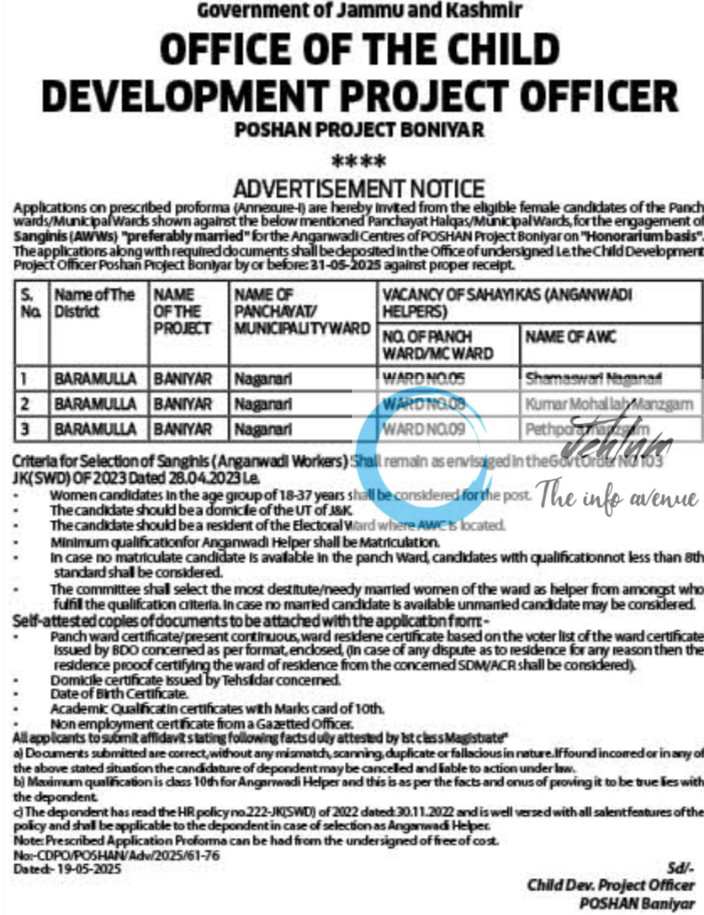 CHILD DEVELOPMENT PROJECT OFFICER BONIYAR POSHAN PROJECT RECRUITMENT ADVT NOTIFICATION NO CDPO/POSHAN/Adv/2025/61-76