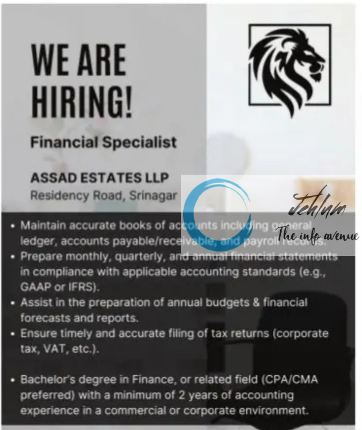 ASSAD ESTATES LLP SRINAGAR FINANCIAL SPECIALIST JOBS VACANCY 2025