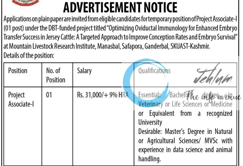 MOUNTAIN LIVESTOCK RESEARCH INSTITUTE MANASBAL PROJECT ASSOCIATE RECRUITMENT ADVT NOTIFICATION 2025