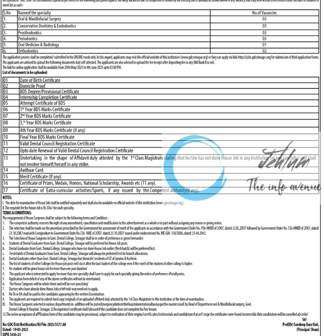 GOVERNMENT DENTAL COLLEGE & HOSPITAL SHIREEN BAGH SRINAGAR RECRUITMENT ADVT NOTIFICATION 2025