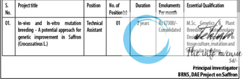 SKUAST KASHMIR ADVANCED RESEARCH STATION FOR SAFFRON AND TEMPERATE SEED SPICES PAMPORE RECRUITMENT ADVT NOTIFICATION NO AU/ARSS/TSS/2025-26/106