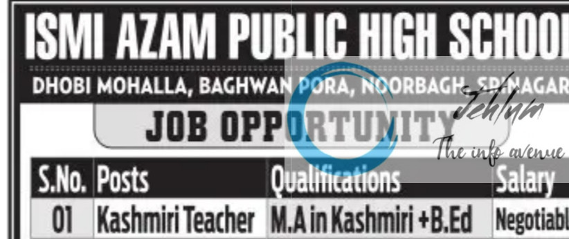 ISMI AZAM PUBLIC HIGH SCHOOL SRINAGAR KASHMIRI TEACHERS JOBS VACANCY 2025