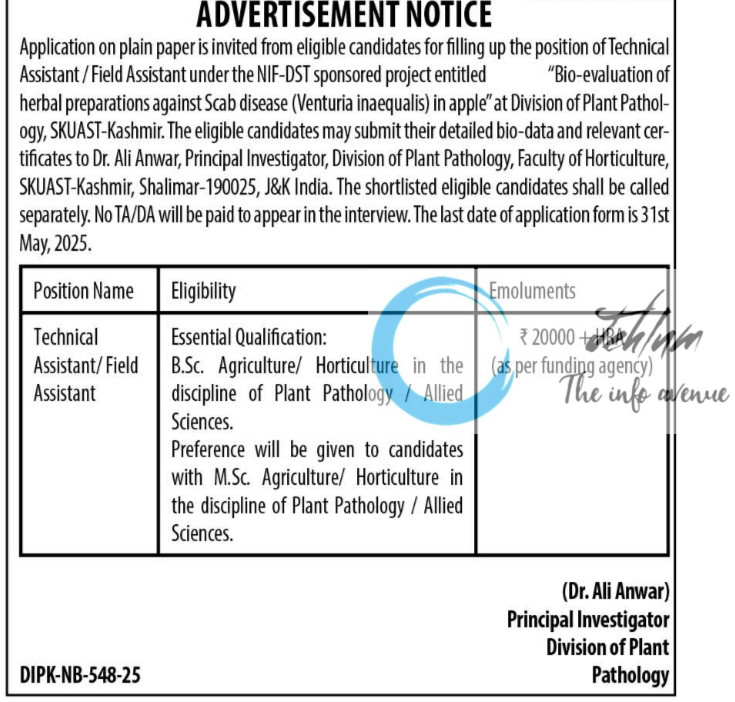SKUAST KASHMIR DIVISION OF PLANT PATHOLOGY FIELD ASSISTANT RECRUITMENT ADVT NOTIFICATION NO AU/DPP/2025/Herbal/115
