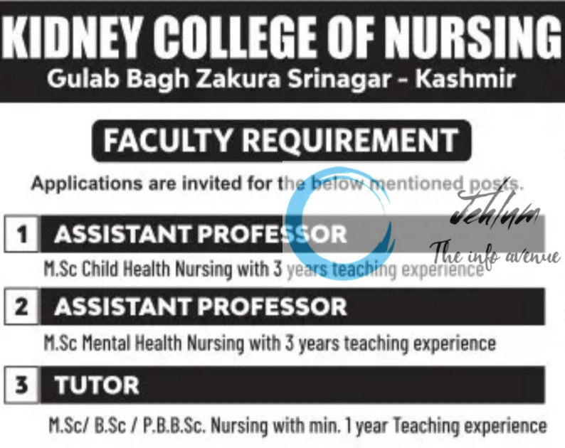 KIDNEY COLLEGE OF NURSING SRINAGAR FACULTY RECRUITMENT ADVT NOTIFICATION 2025