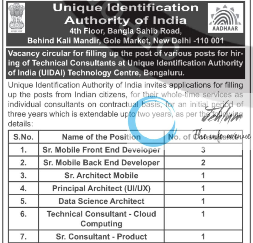 UIDAI TECHNOLOGY CENTRE BENGALURU TECHANICAL COUNSULTANT RECRUITMENT ADVT NOTIFICATION 2025