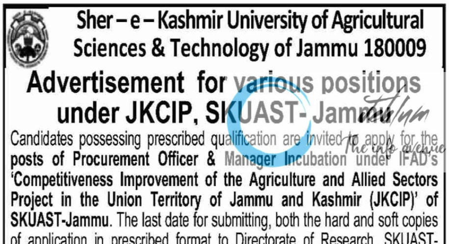 SKUAST JAMMU JKCIP RECRUITMENT ADVT NOTIFICATION NO AUJ/AEABM/25-26/F-92/42-43