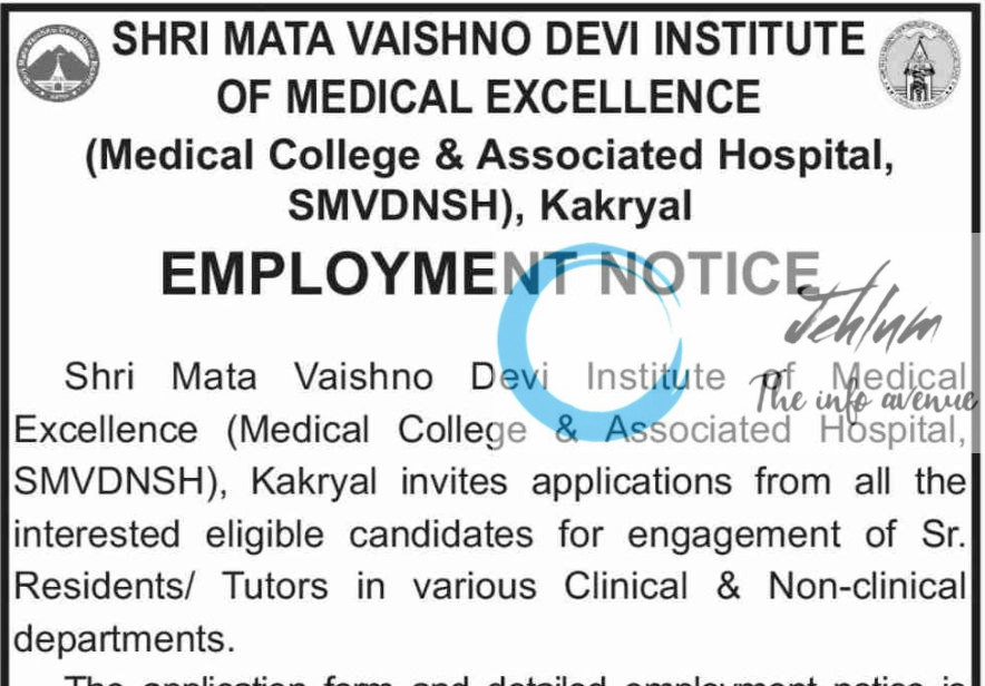 SHRI MATA VAISHNO DEVI INSTITUTE OF MEDICAL EXCELLENCE EMPLOYMENT NOTICE ADVT NO SMVDIME/Rec/35
