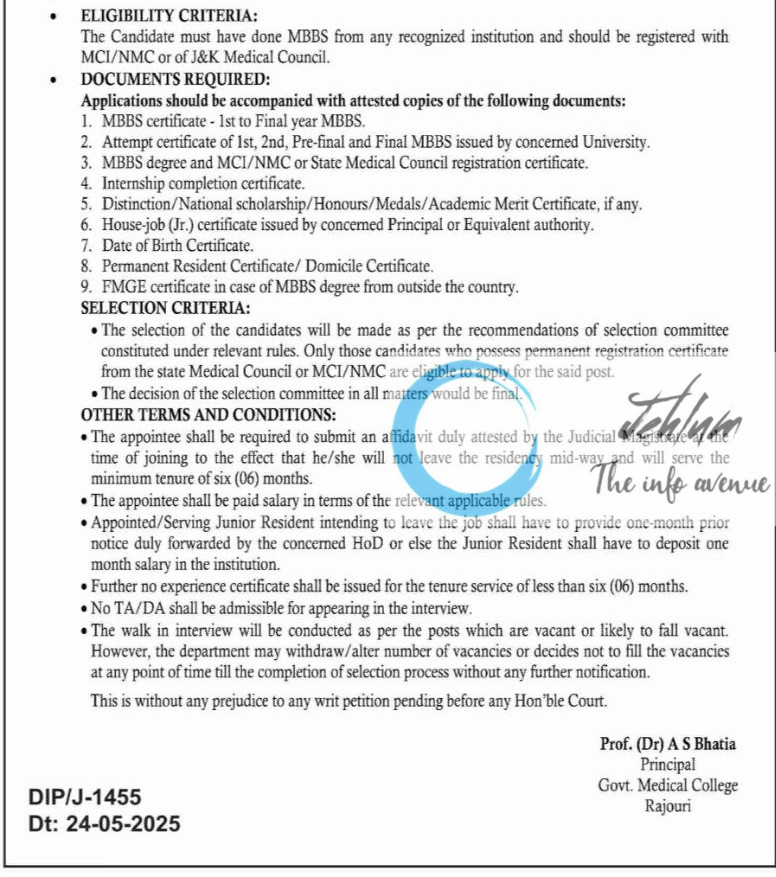 GOVERNMENT MEDICAL COLLEGE AND ASSOCIATED HOSPITAL RAJOURI JUNIOR RESIDENT RECRUITMENT ADVT NOTIFICATION 2025