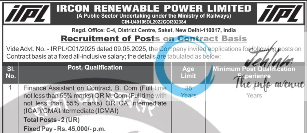 IRCON RENEWABLE POWER LIMITED RECRUITMENT ADVT NOTIFICATION NO IRPL/C01/2025