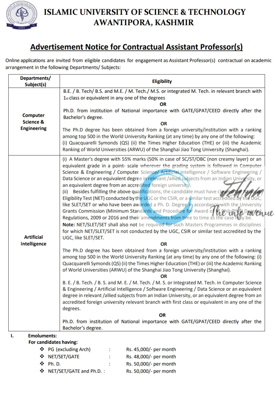 ISLAMIC UNIVERSITY OF SCIENCE AND TECHNOLOGY AWANTIPORA AP RECRUITMENT ADVT NOTIFICATION NO IUST/DAA-Acad/25/782