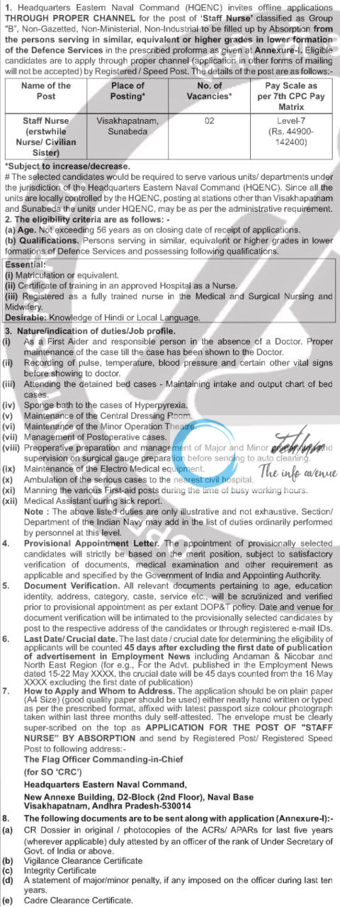 THE INDIAN NAVY HEADQUARTERS EASTERN NAVAL COMMAND HQENC RECRUITMENT ADVT NOTIFICATION NO 02/2025