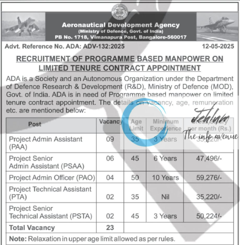 AERONAUTICAL DEVELOPMENT AGENCY RECRUITMENT ADVT NOTIFICATION NO ADA-ADV-132-2025