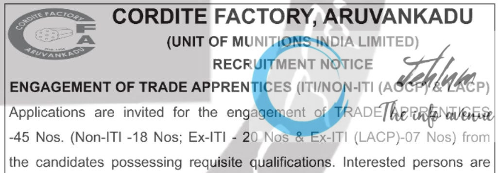 CORDITE FACTORY ARUVANKADU RECRUITMENT NOTICE 2025