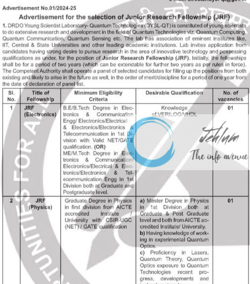 DRDO YOUNG SCIENTISTS LAB QUANTUM TECHNOLOGIES DYSLQT JRF ADVERTISEMENT NOTICE 01/2024-25