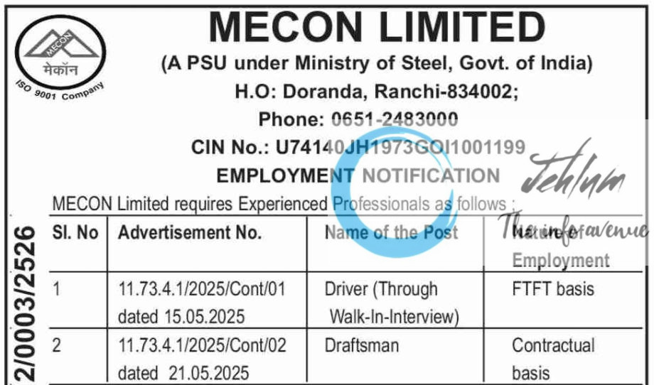 MECON LIMITED RANCHI RECRUITMENT ADVT NOTIFICATION NO 11-73-4-1/2025/Cont/01/02
