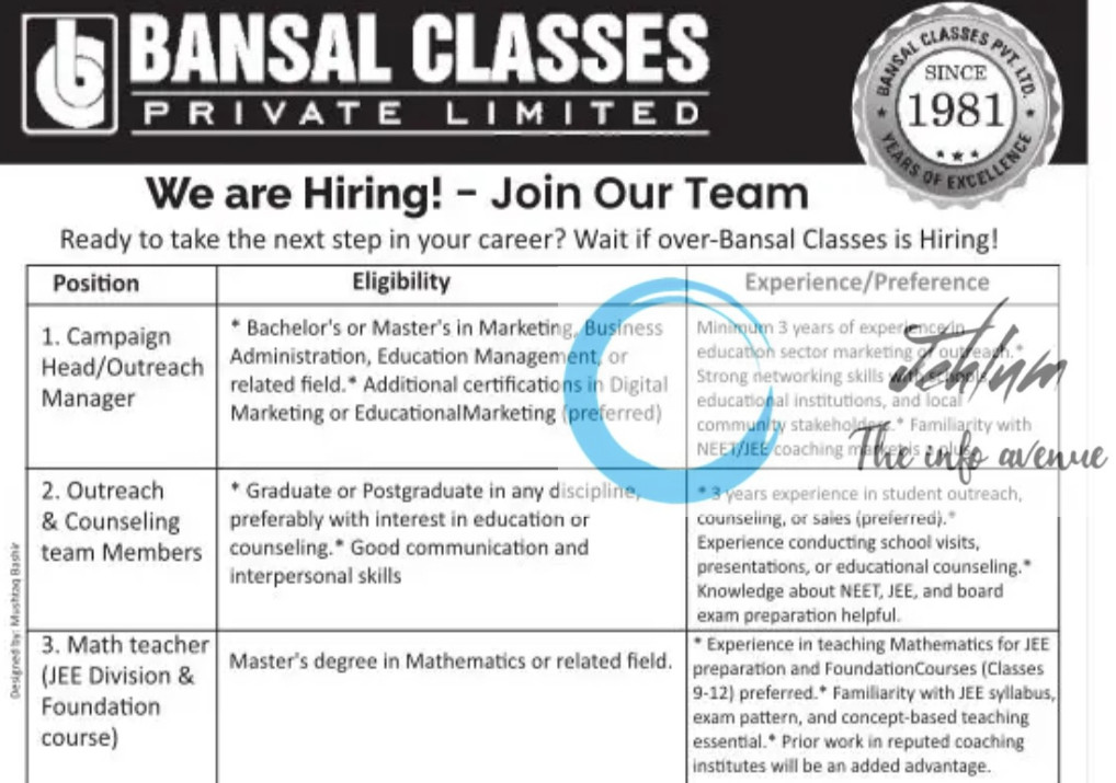 BANSAL CLASSES PRIVATE LIMITED JAMMU JOBS VACANCY 2025