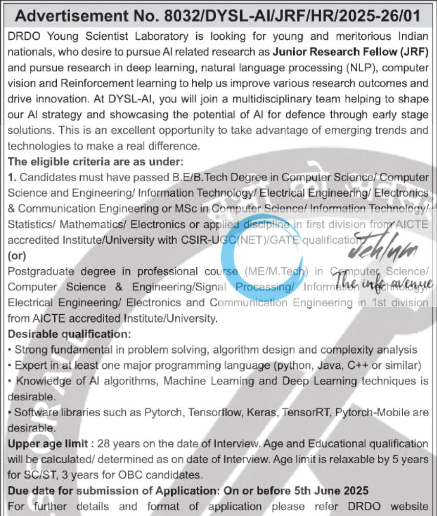 DRDO YOUNG SCIENTIST LABORATORY RECRUITMENT ADVT NOTIFICATION NO 8032/DYSL-AI/JRF/HR/2025-26/01