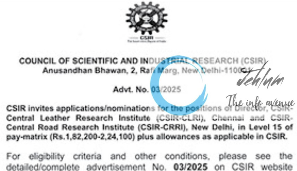 COUNCIL OF SCIENTIFIC AND INDUSTRIAL RESEARCH CSIR RECRUITMENT ADVT NOTIFICATION NO 03/2025
