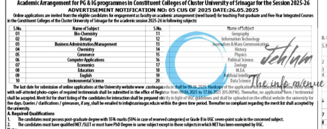 CLUSTER UNIVERSITY OF SRINAGAR RECRUITMENT ADVT NOTIFICATION NO 05 CUS OF 2025