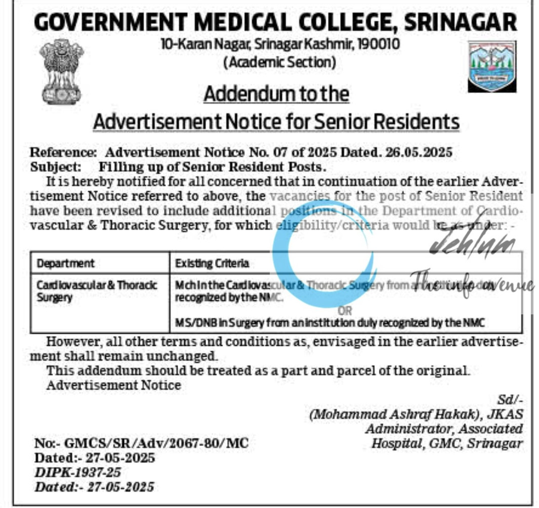 GOVERNMENT MEDICAL COLLEGE GMC SRINAGAR SR RECRUITMENT ADVT NOTIFICATION NO 07 of 2025 GOVERNMENT MEDICAL COLLEGE GMC SRINAGAR SR RECRUITMENT ADVT NOTIFICATION NO 07 of 2025
