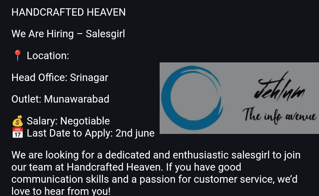 HANDCRAFTED HEAVEN SRINAGAR JOBS VACANCY 2025