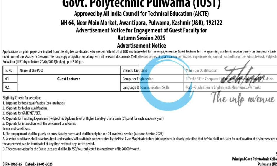 IUST GOVT POLYTECHNIC PULWAMA RECRUITMENT ADVT NOTIFICATION 2025