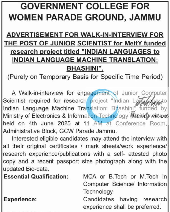 GOVERNMENT COLLEGE FOR WOMEN JAMMU JUNIOR SCIENTIST RECRUITMENT ADVT NOTIFICATION 2025