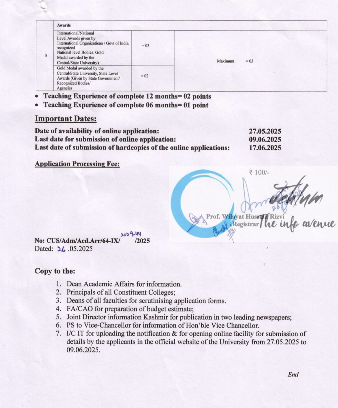 CLUSTER UNIVERSITY OF SRINAGAR FACULTY RECRUITMENT ADVT NOTIFICATION NO 05 CUS OF 2025