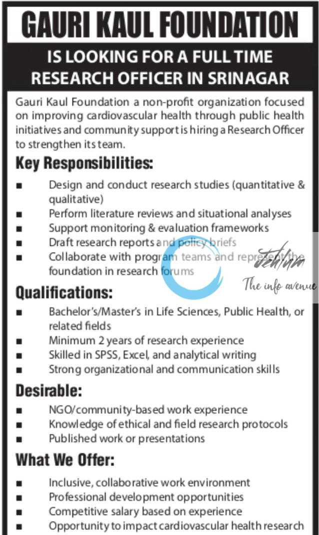GAURI KAUL FOUNDATION SRINAGAR RESEARCH OFFICER JOBS VACANCY