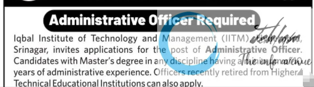 IQBAL INSTITUTE OF TECHNOLOGY AND MANAGEMENT SRINAGAR RECRUITMENT ADVT NOTIFICATION NO IITM/2025/Adv/40/267