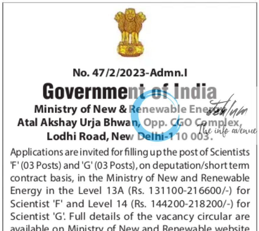 MINISTRY OF NEW AND RENEWABLE ENERGY SCIENTIST MNRE RECRUITMENT ADVT NOTIFICATION 2025