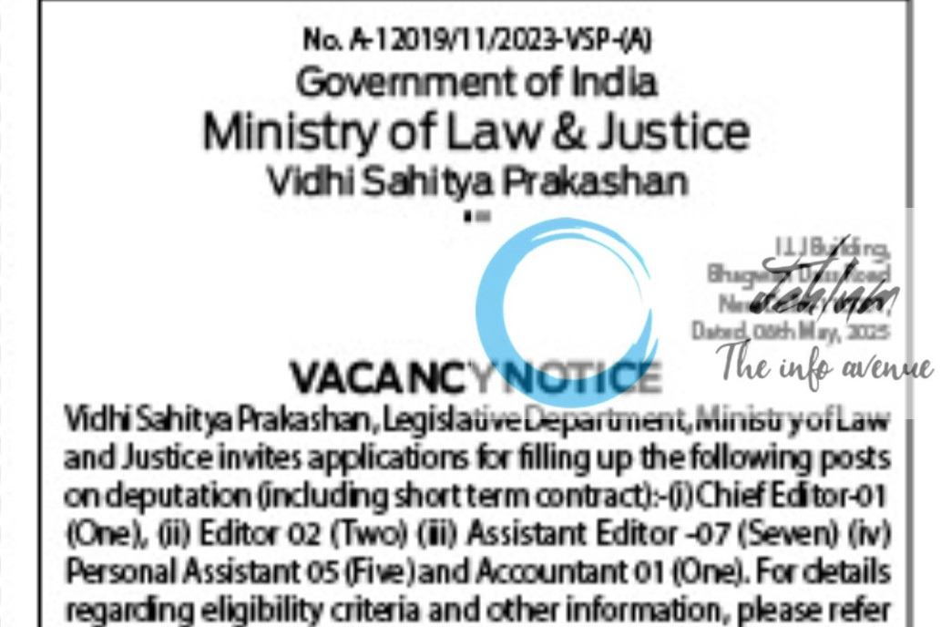 VIDHI SAHITYA PRAKASHAN LEGISLATIVE DEPARTMENT VACANCY NOTICE 2025